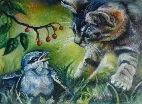 油画  小猫与小鸟